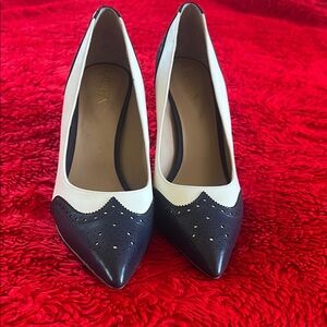 Two-Tone navy blue and White Pointed Toe Women's Pumps with Perforated Detail